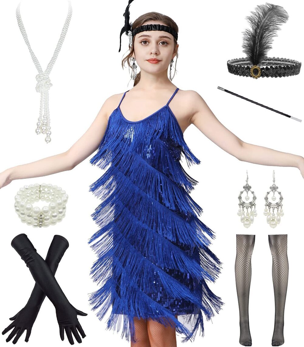 9420 1920s Gatsby Flapper Dress Sexy Open Back Strap Fringed Cocktail Party